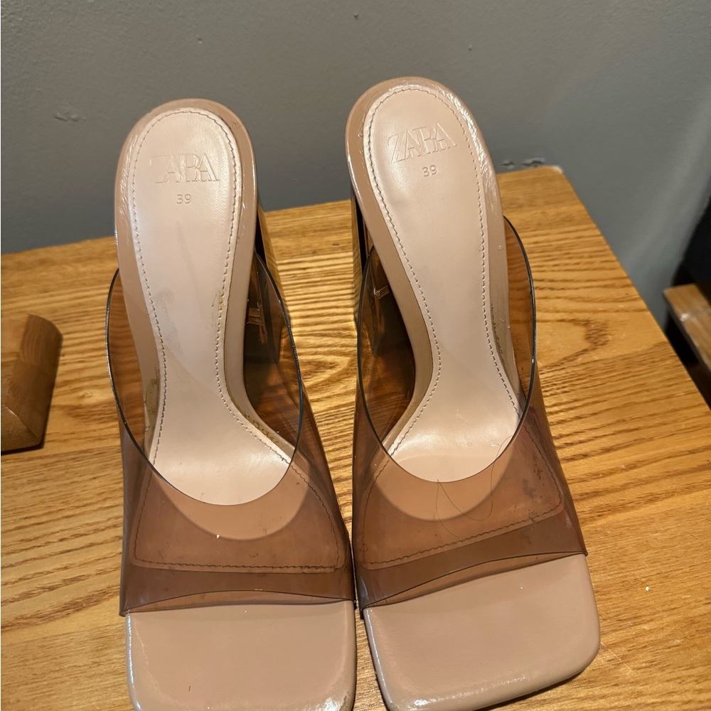 Zara Tan High-Heeled Mules with Pointed Toe